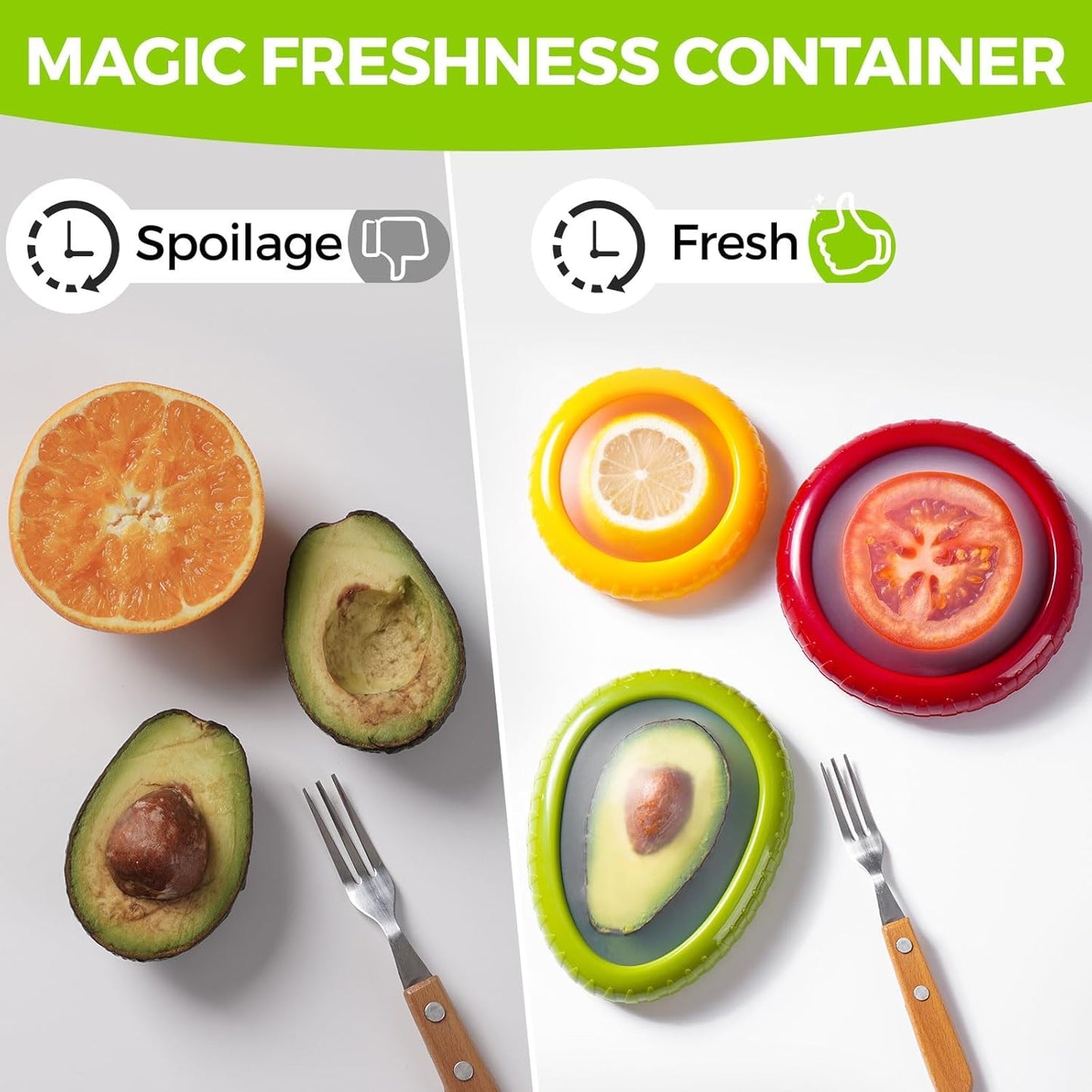 MAJESTY WORLD Anti-Oxidation Silicone Fruit and Vegetable Storage Box, Fresh Stretch Pod, Set of 4 Reusable Storage Containers for fridge | Avocado Saver, Tomato, Apple, Onion Holder, Fridge pods