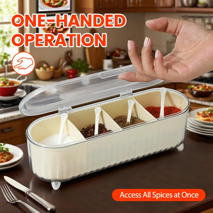 Tremeals 4 Set Countertop Clear Seasoning Box with Compartments - Spice Organizer with Lids and Spoons - Condiment