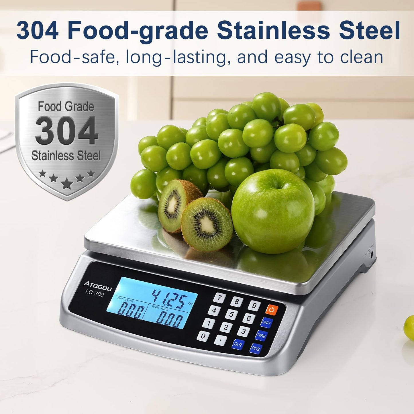 Atogou 110lb Food Scale, Commercial Kitchen Scale with Price Computing, Plug-in Usable, 0.05oz/1g, 304 Stainless Steel, for Cooking, Vegetables, Farm, Industry, Counting. LC300 Silver