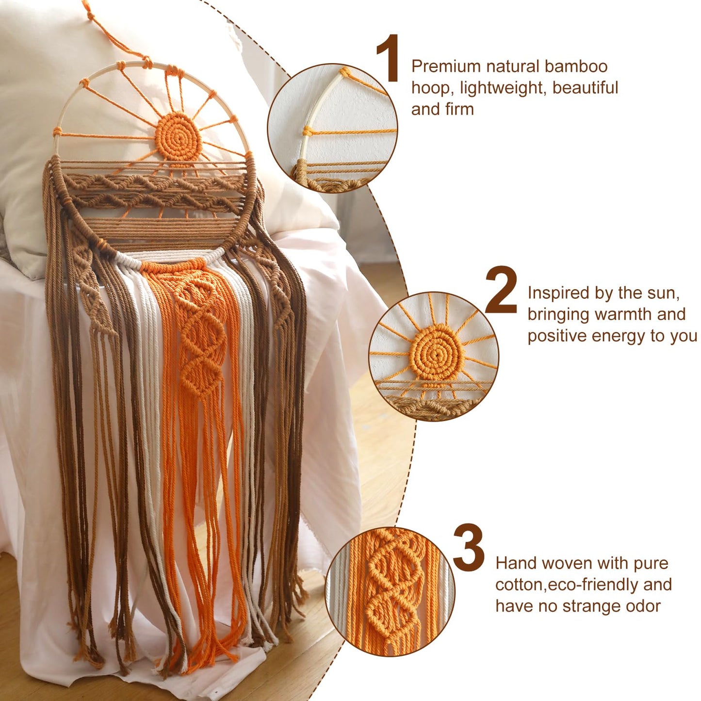 Artilady Macrame Wall Hanging Tapestry Sunrise Wall Art Boho Hanging Tapestries Large Dream Catcher, Hand Woven Orange Brown Sun Home Decorations for Bedroom Living Room Nursery (Brown Sunrise)