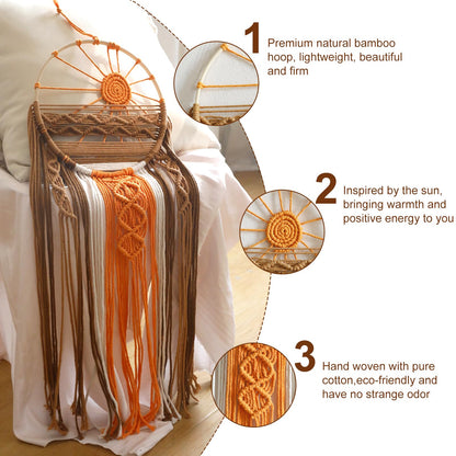 Artilady Macrame Wall Hanging Tapestry Sunrise Wall Art Boho Hanging Tapestries Large Dream Catcher, Hand Woven Orange Brown Sun Home Decorations for Bedroom Living Room Nursery (Brown Sunrise)