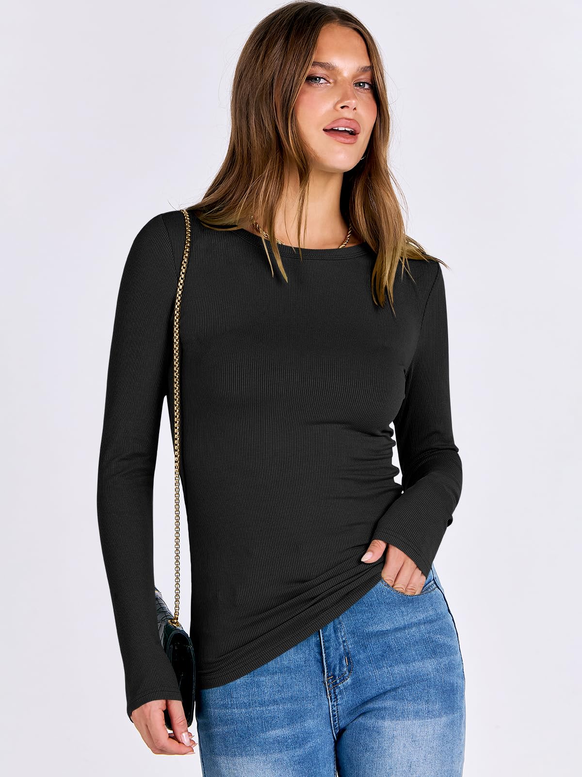 ANRABESS Women Long Sleeve Shirts Rib Knit Slim Fit Tops Basic Tee 2025 Fall Outfits Casual T-Shirt Underscrubs Layer Clothes Black Medium