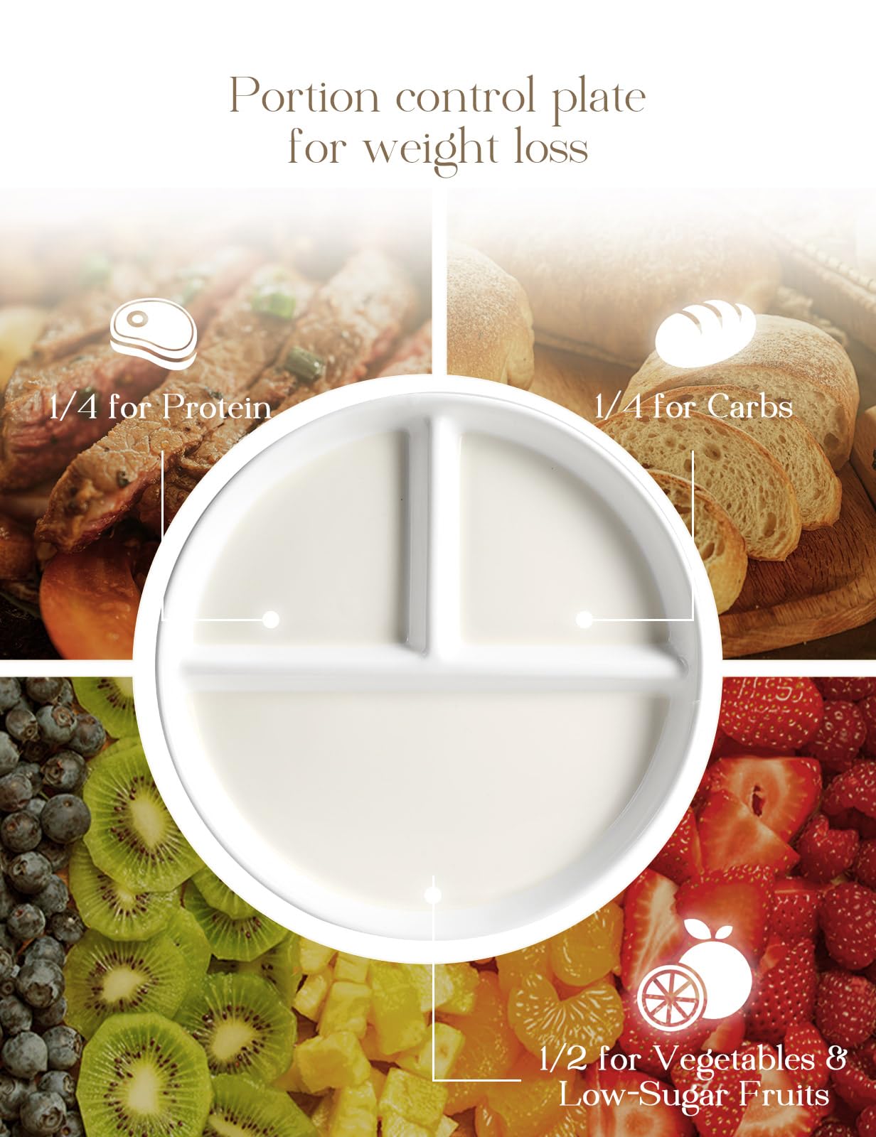 AISBUGUR Ceramic Portion Control Plate for Weight Loss,9-Inch Divided Plate for Adults,3-Compartment Portion Plate for Healthy Eating,Dishwasher & Microwave Safe,White
