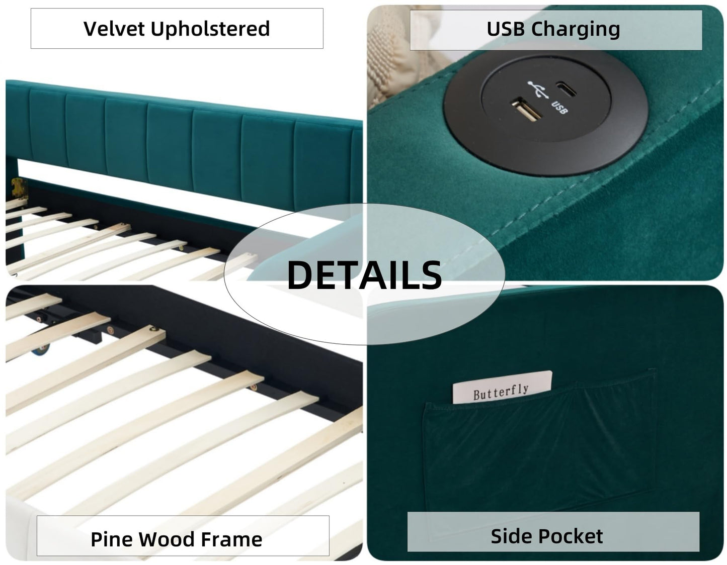 KEIKI Twin Velvet Corner Daybed with Liftable Trundle, USB Charging, Pockets, Converts to King Size, Upholstered Headboard Captain Sofa Day Bed Frames for Small Room, Bedroom, Kids' Room, Emerald