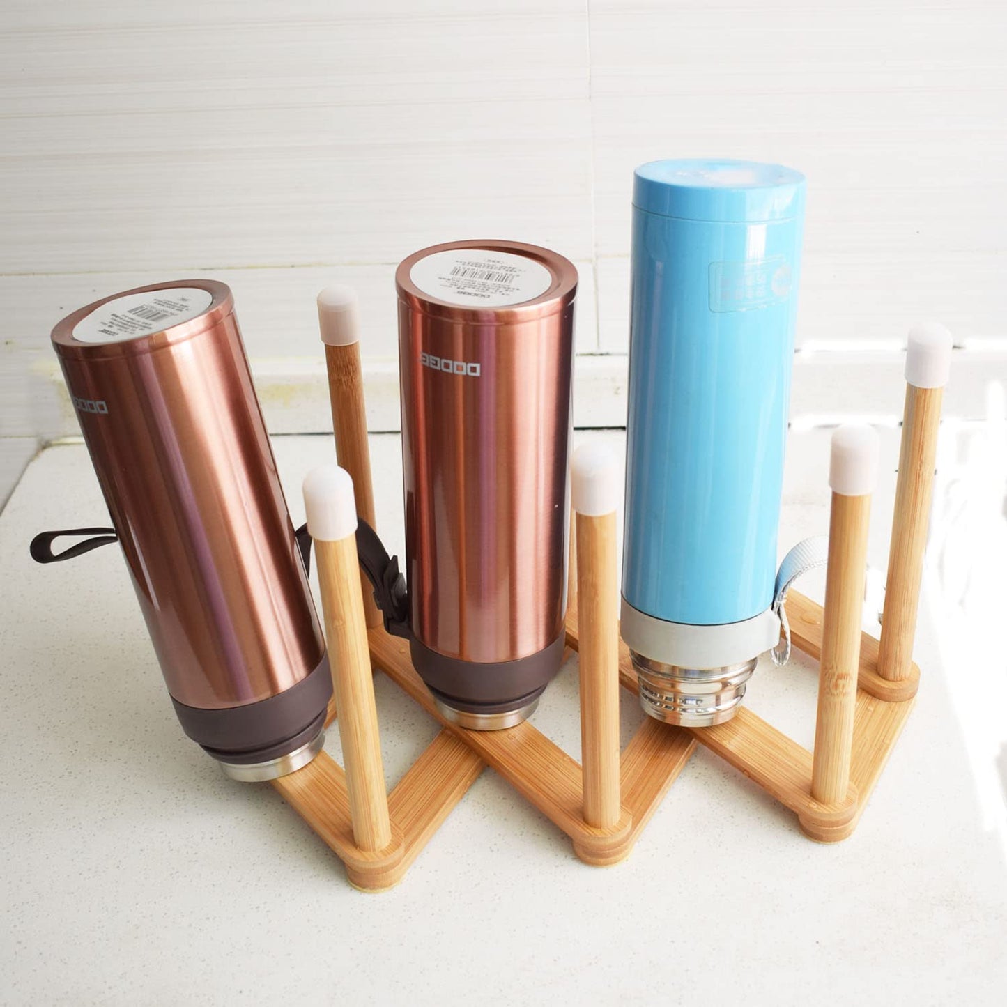 Cyauatt Bamboo Retractable Bottle Drying Rack Cup Dish Drying Racks,Sports Water Bottle and Mug Drainer Stand, Plastic Bag Dryer Rack and Multifunctional Drying Rack for Kitchen Countertop