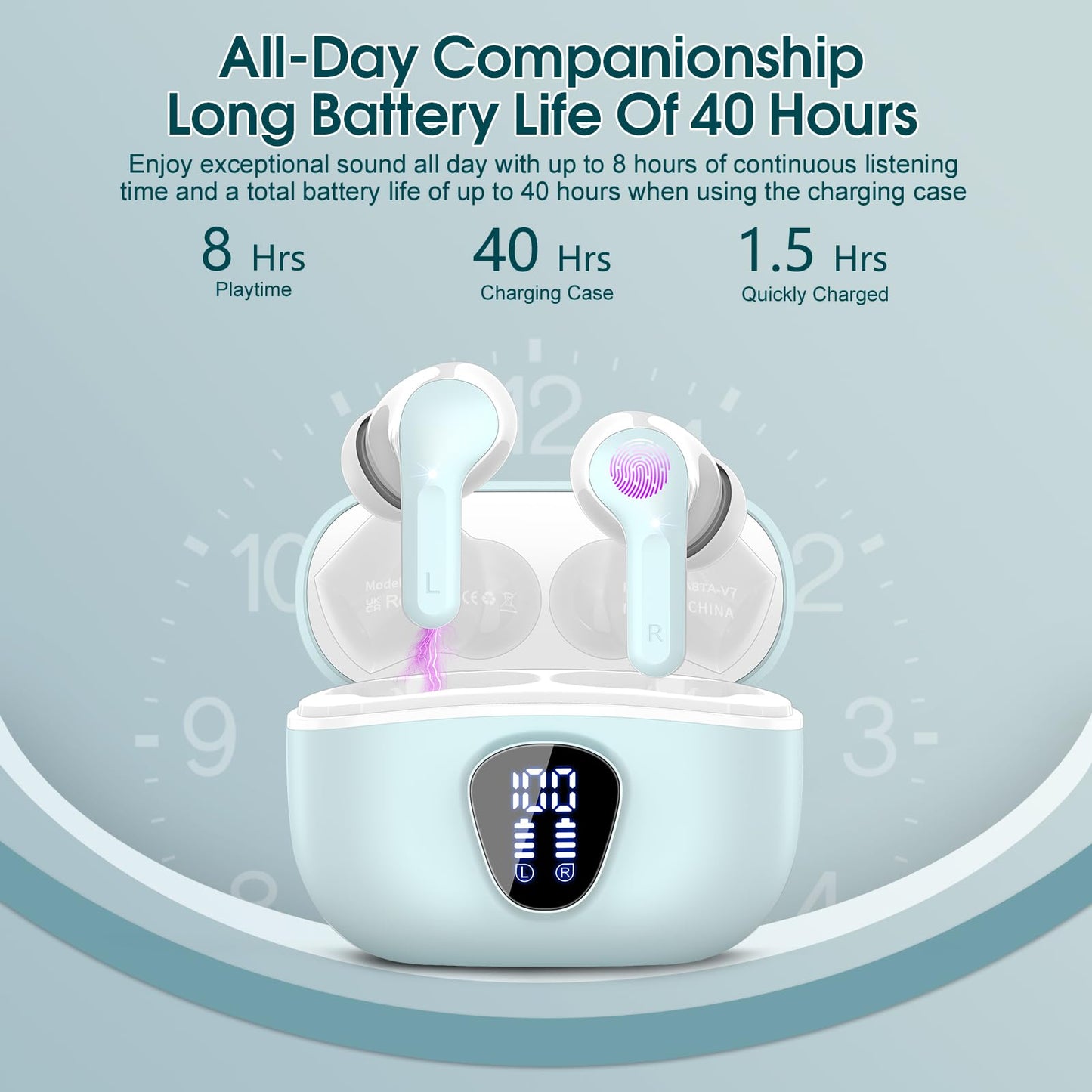 Wireless Earbuds, Bluetooth 5.4 Headphones HiFi Stereo, Bluetooth Earbuds with ENC Noise Cancelling Mic, IP7 Waterproof in Ear Earphones, 48H, LED Display Ear buds for Pad Workout Sports, Azure