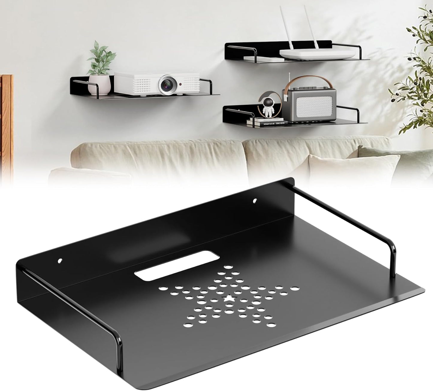Floating Shelves for Projector, Metal Wifi Router Shelf, Wall Mount for Cable Box, DVD Player, TV Box/Game Console