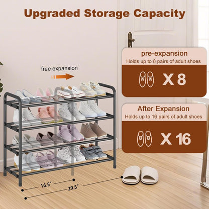 KANAV 4-Tier Expandable Shoe Rack – Adjustable Shoe Organizer & Shoe Storage for Closet, Entryway, and Front Door – Space-Saving Shoe Shelf and Rack Organizer for Home - Black