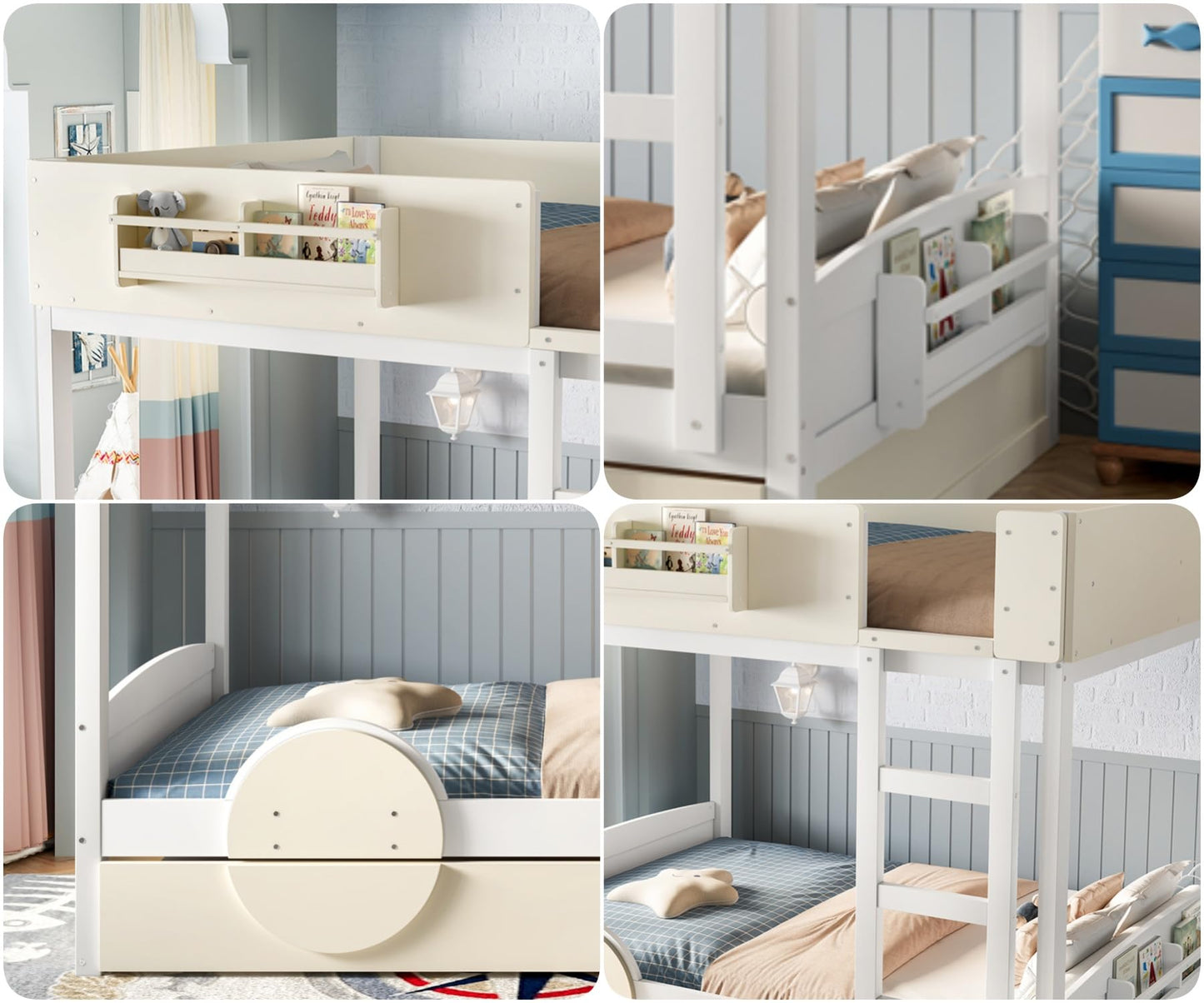 KEIKI Queen Over Queen Size Bunk Bed with Trundle, Pine Solid Wood Triple Bunk Beds Frame with Bookshelf, Guardrail, Slat and Ladders, Automobile Form Design bunkbed for Kids Teens & Adults