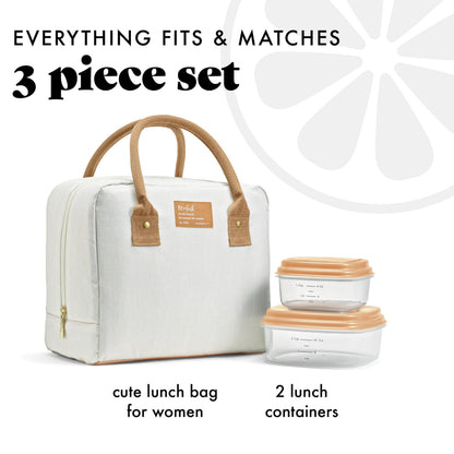 Fit & Fresh Lunch Bag For Women, Insulated Womens Lunch Bag For Work, Leakproof & Stain-Resistant Large Lunch Box For Women With Containers, Zipper Closure Bloomington Bag, Ivory Woven