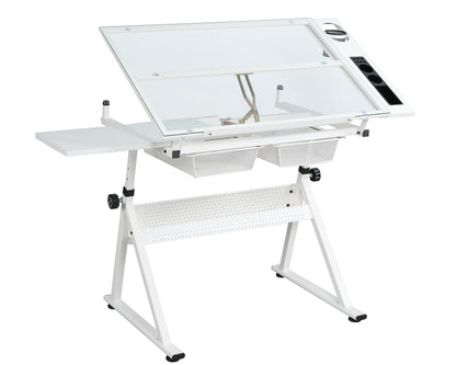 GOWE White Adjustable Tempered Glass Drafting Printing Table with Chair