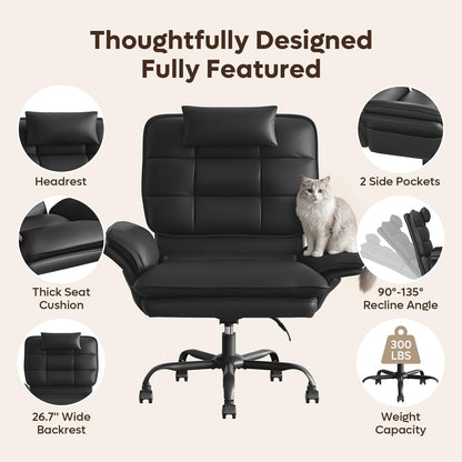 Bestier Cross Legged Office Chair Criss Cross Chair with Adjustable Arms 135° Reclining PU Leather Executive Chair with Wheels Big and Tall Computer Desk Chair for Home Office Black