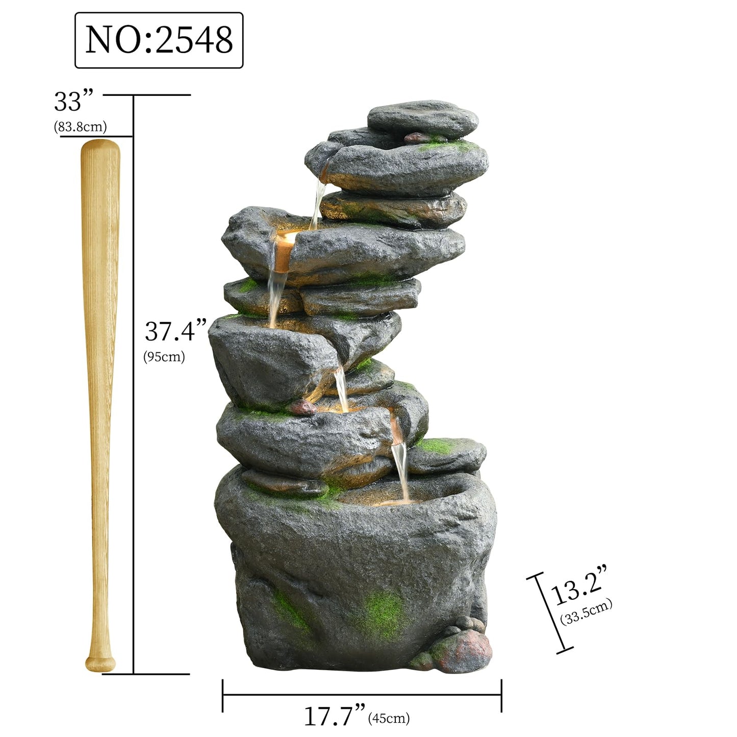 38" Outdoor Garden Water Fountain with Lights 5 Tiers Cascading Large Waterfall Floor Standing Fountain for Patio, Backyard, Deck, Porch and Home Art Decor