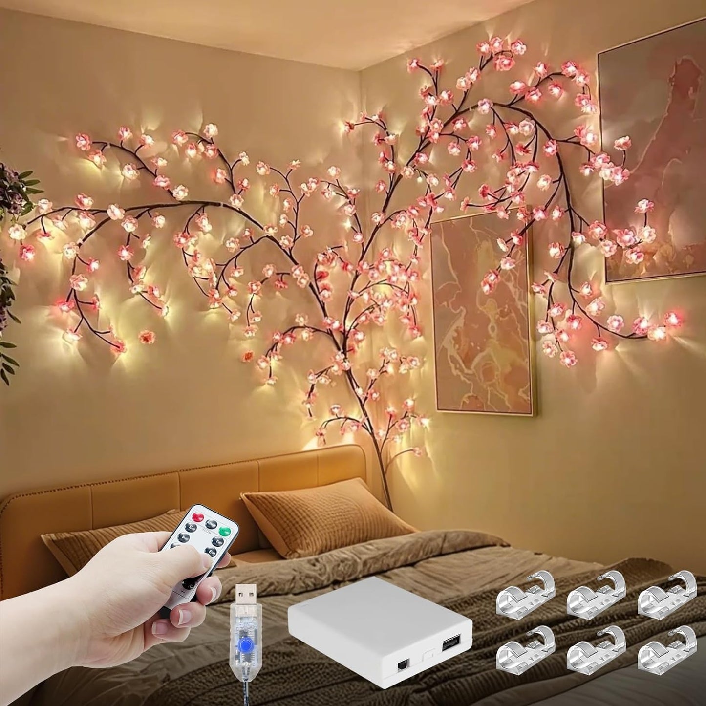 4FT 48LED Timer,8 FNHMSL Cherry Enchanted Willow Vine Lights, Pink Cherry Blossom Tree Branch Lights for Wall, Remote