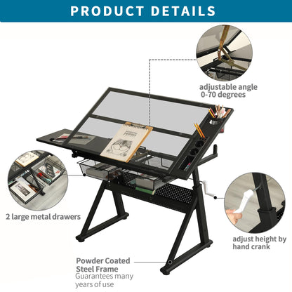 GOLGAILY Rated 72" Adjustable Drafting Table with Tempered Glass Top Black Metal Frame 40.15" L x 23.62" W