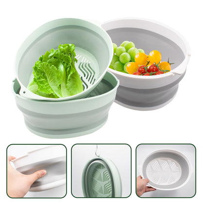 2 Sets 2 in 1 Collapsible Colander Set Including Sink Basin & Strainer Bowl, Foldable Silicone Fruit Washing Basket, Portable Vegetable Washing Tub for Kitchen, RV, Camping (Grey & Green)