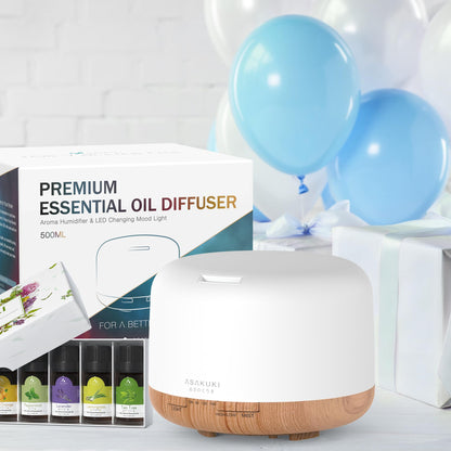 ASAKUKI Essential Oil Diffuser 500ml, Ultrasonic Aromatherapy Humidifier with Remote Control, 7 LED Colors, Timer & Auto-Off, Large Room Diffuser
