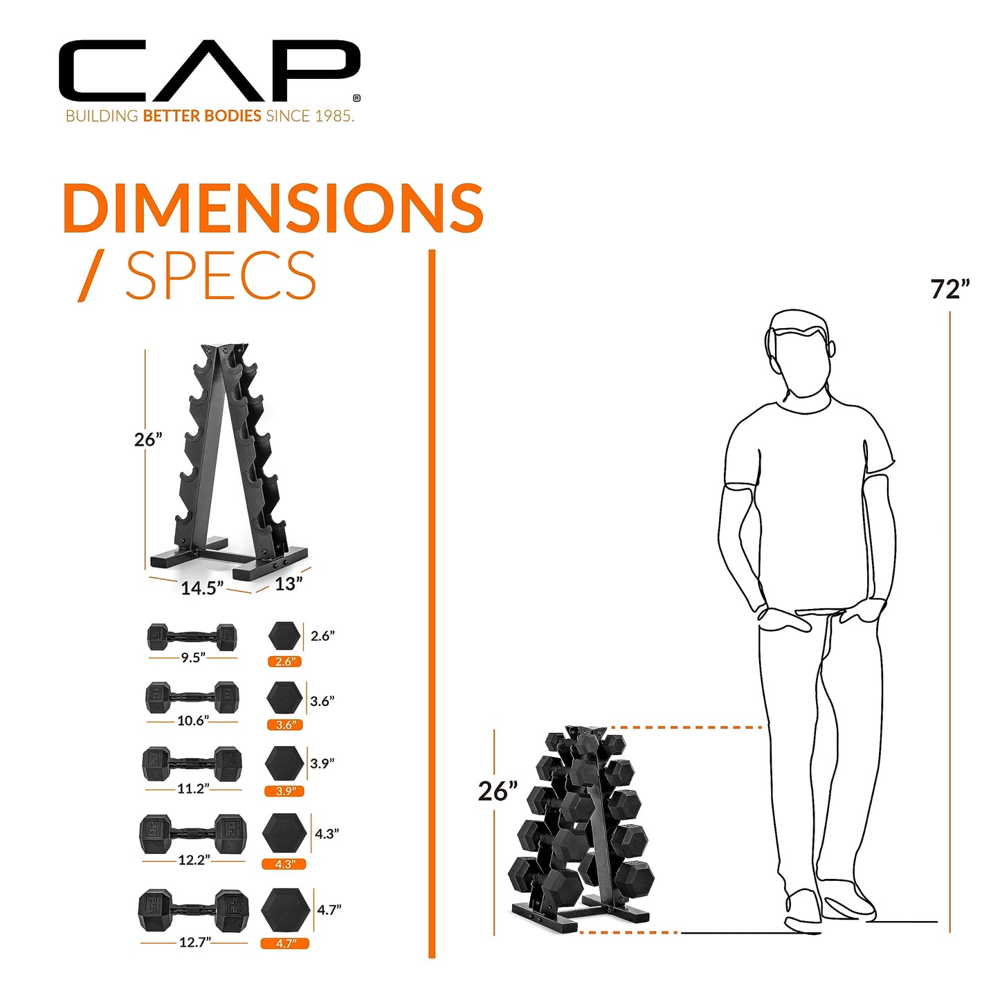 CAP Barbell Rubber Coated Dumbbell Weight Set with Vertical Rack | 100 lb, 150 lb, and 210 lb Options