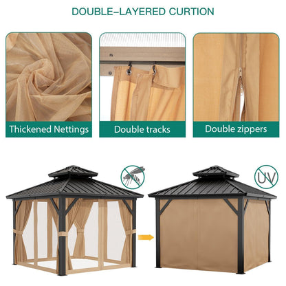 10x10 ft Hardtop Gazebo with Galvanized Steel Double Roof, Heavy Duty Galvanised Steel Hardtop Pavilion with Nettings and Curtains for Party, Wedding, Outdoor Dining, Patio, Backyard