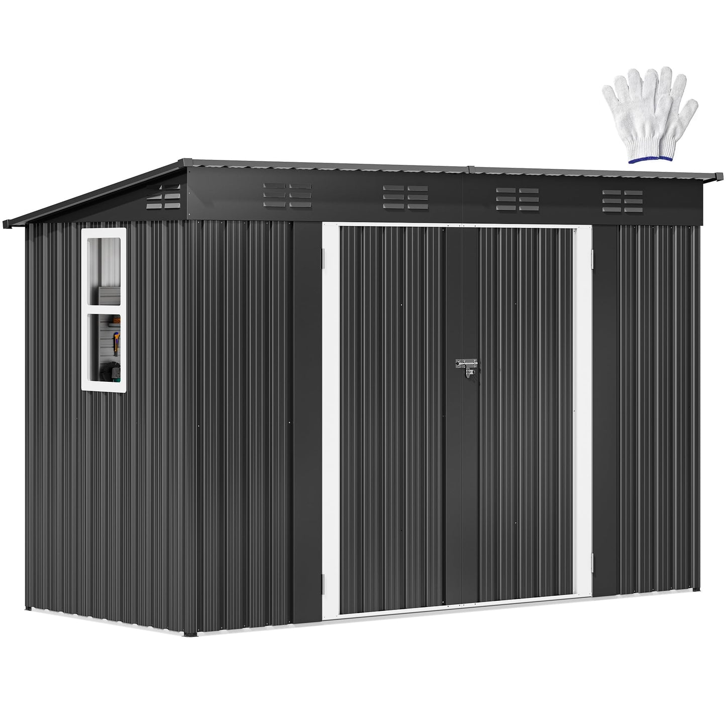 DWVO 9x4ft Large Tool Storage Shed with Window, Lockable Doors, and Sloped Roof, Oversized Steel Outdoor Storage Shed for Garden, Patio, Garage, Backyard, Lawn - Dark Gray