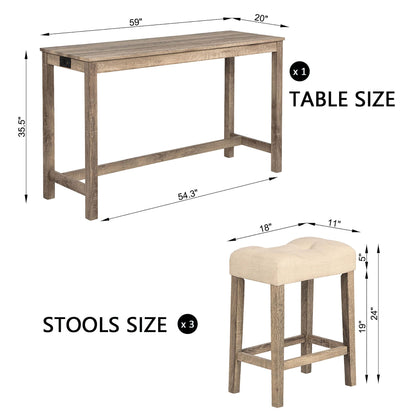 KEIKI 4-Piece Bar Table Set with Charging Ports, 59" Industrial Kitchen Table & 3 Upholstered Stools, Durable Wooden Frame, Perfect for Living and Dining Rooms, Brown