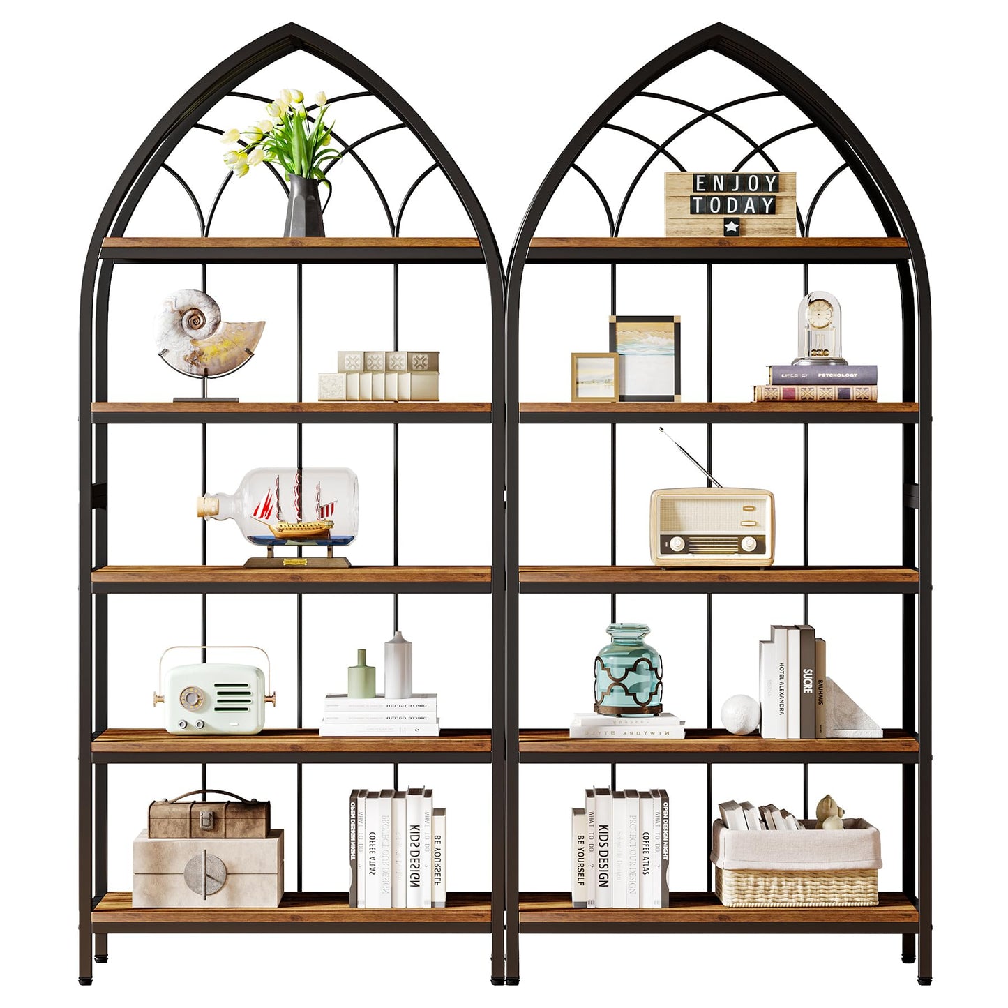 Tribesigns 5-Tier Bookshelf, 74.8-Inch Tall Bookshelf, Industrial Curved Freestanding Display Shelf, Wood Storage Shelves with Metal Frame for Home Office (2, Rustic Brown & Black)