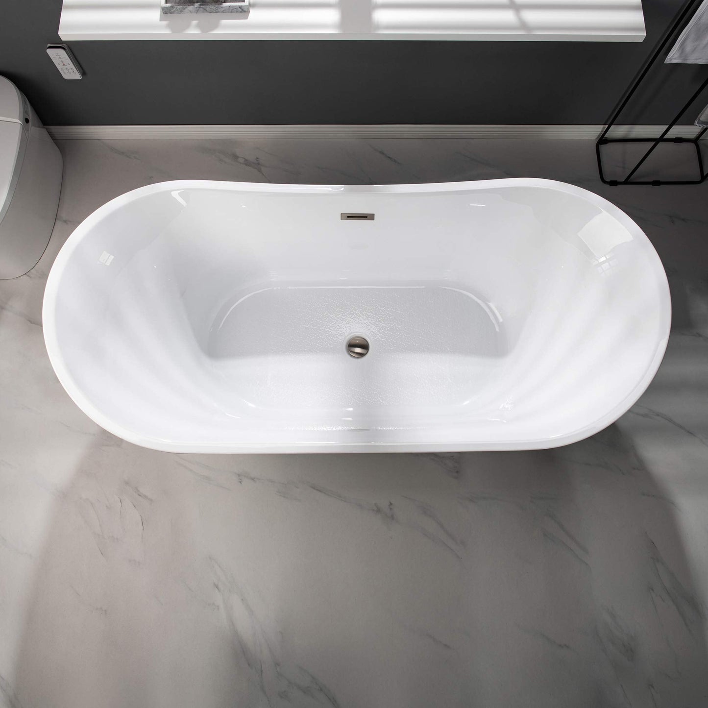 WOODBRIDGE 67" Acrylic Freestanding Bathtub Contemporary Soaking Tub, White Acrylic (Brushed Nickel Drain/Overflow) with Pillow