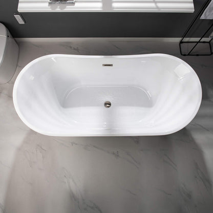 WOODBRIDGE 67" Acrylic Freestanding Bathtub Contemporary Soaking Tub, White Acrylic (Brushed Nickel Drain/Overflow) with Pillow