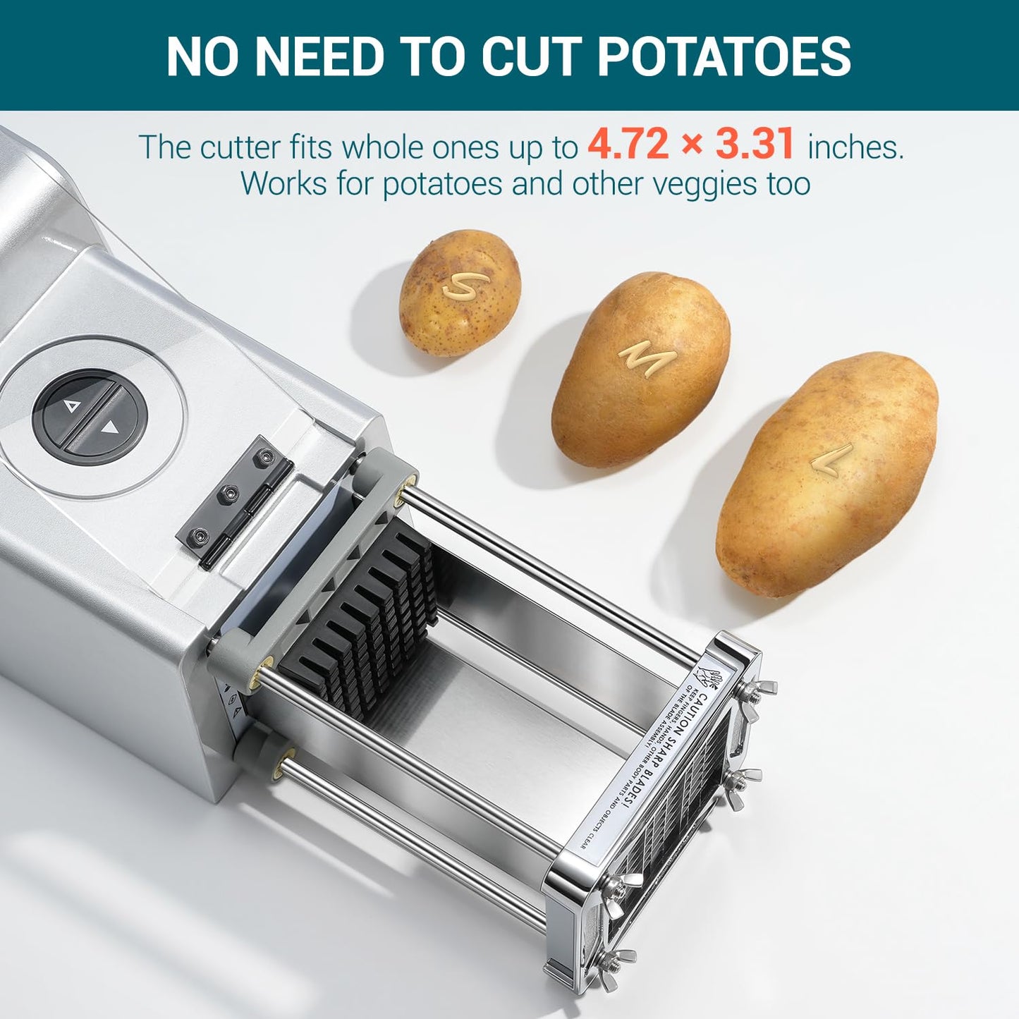 Sopito French Fry Cutter Electric Potato Cutter Stainless Steel with 1/2 & 3/8 Inch Blades for Potatoes, Carrots, Cucumbers & Onions