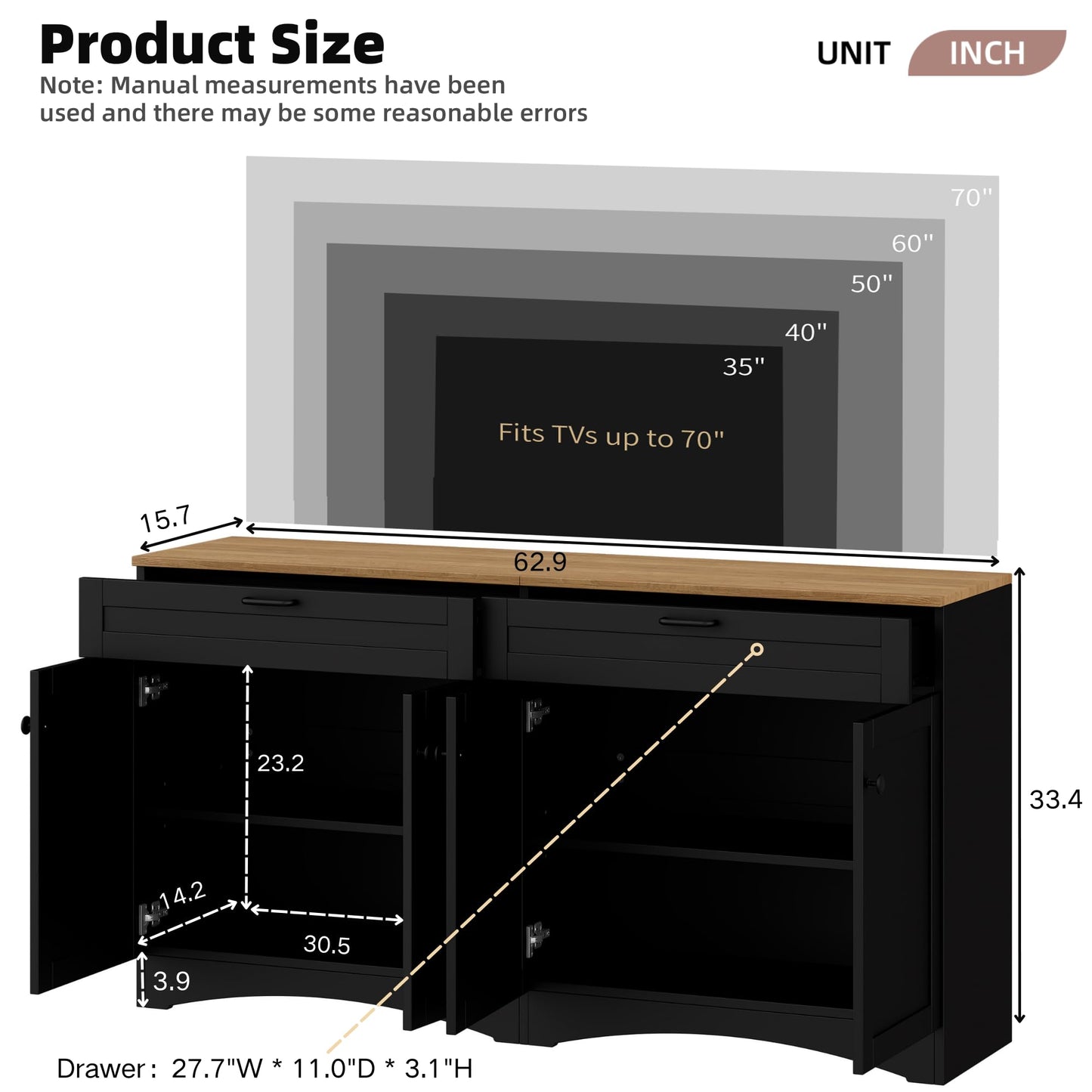 Merax Modern TV Stand Consoles for TVs up to 70'', Mid-Century Solid Wood Entertainment Center with Storage Cabinets, Practical Media Console for Living Room, Bedroom, Black