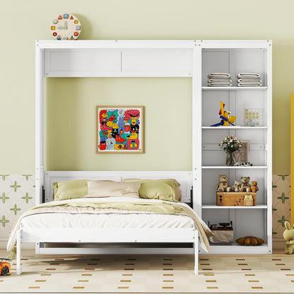 GDFStudio Veatch Wooden Frame Queen Size Bed, Queen Size Murphy Bed with Shelves, Folding Wall Beds with 5 Storage Cabinets, Space Saving, Folded into Cabinet for Guest Room Living Bedroom, White