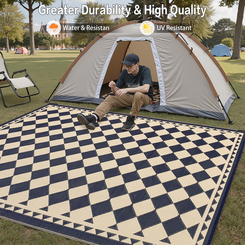 HUGEAR Outdoor Rug for Patios Clearance,Waterproof Mat,Large Outside Carpet,Reversible Plastic Straw Camping Rugs,Rv,Porch,Deck,Camper,Balcony,Backyard (5x8,Checkered/Black&Beige)