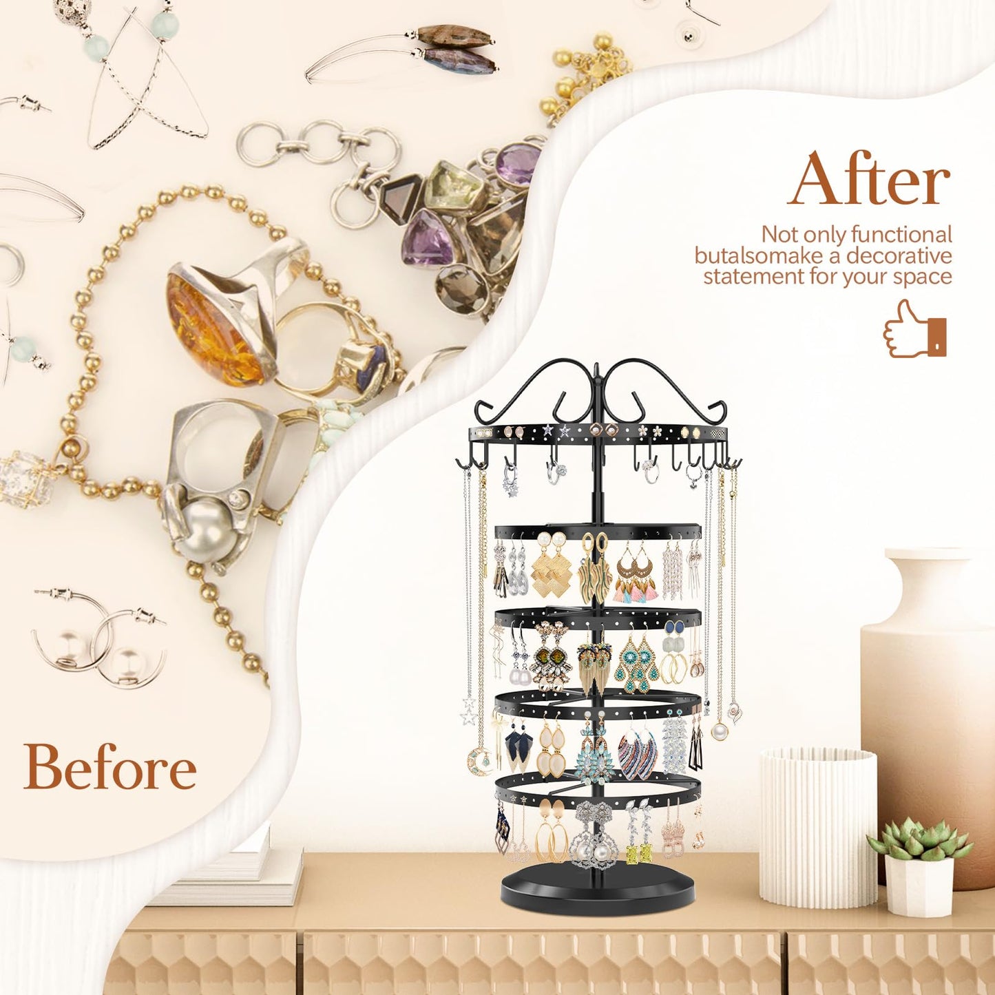 MODOWEY Rotating Jewelry Holder Organizer Stand, 5 Tier Metal Adjustable Display Tree, 228 Hole Earring Tower for Stud Dangle, 17 Hook Necklace Bracelet Storage Rack, Versatile Compact Hanger, Black