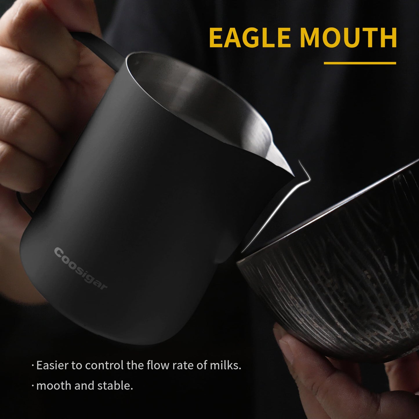 Coosigar Milk Frothing Pitcher 600ml/20oz,304 Stainless steel Espresso Steaming Pitcher,milk frother cup,Milk Jug Cup,Latte Art(black)