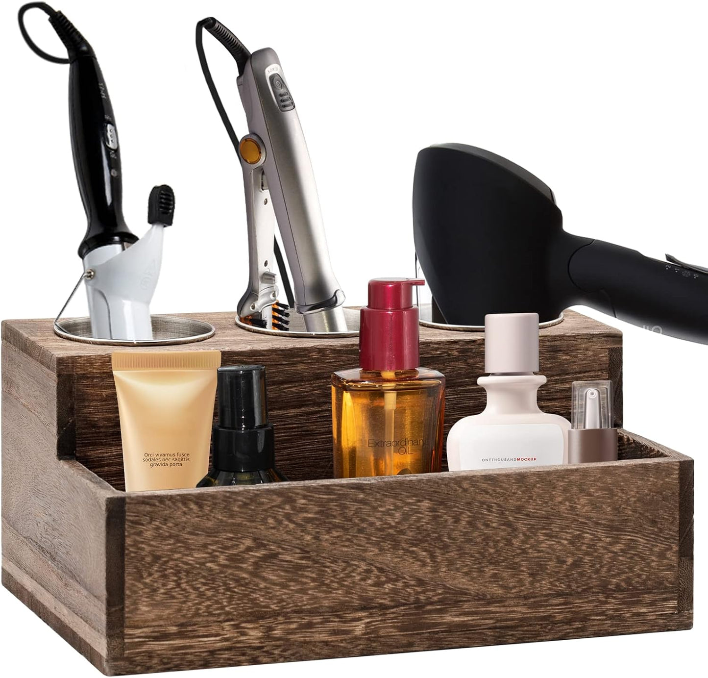 Rustic Wooden Hair Dryer Holder - Hair Tools Organizer with 3 Circular Holes and 1 Compartment for Bathroom Vanity