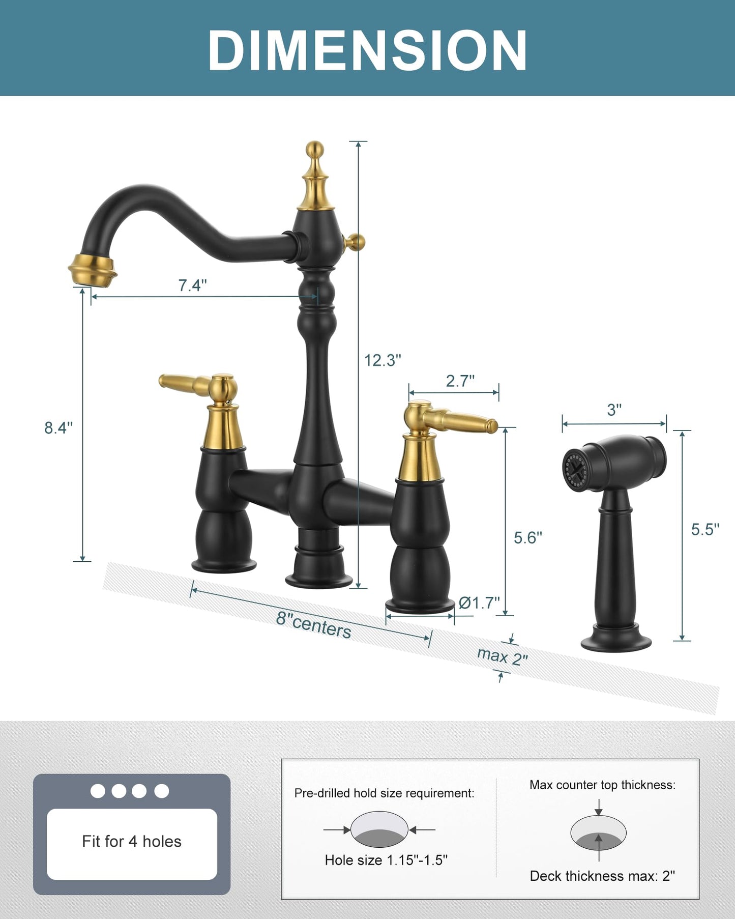 Kitchen Faucet Bridge with Side Sprayer, 4 Hole Brass Kitchen Faucet with 360° Swivel Tap, 2 Handle 8 Inch Vintage Faucet for Kitchen Sinks, Black Gold