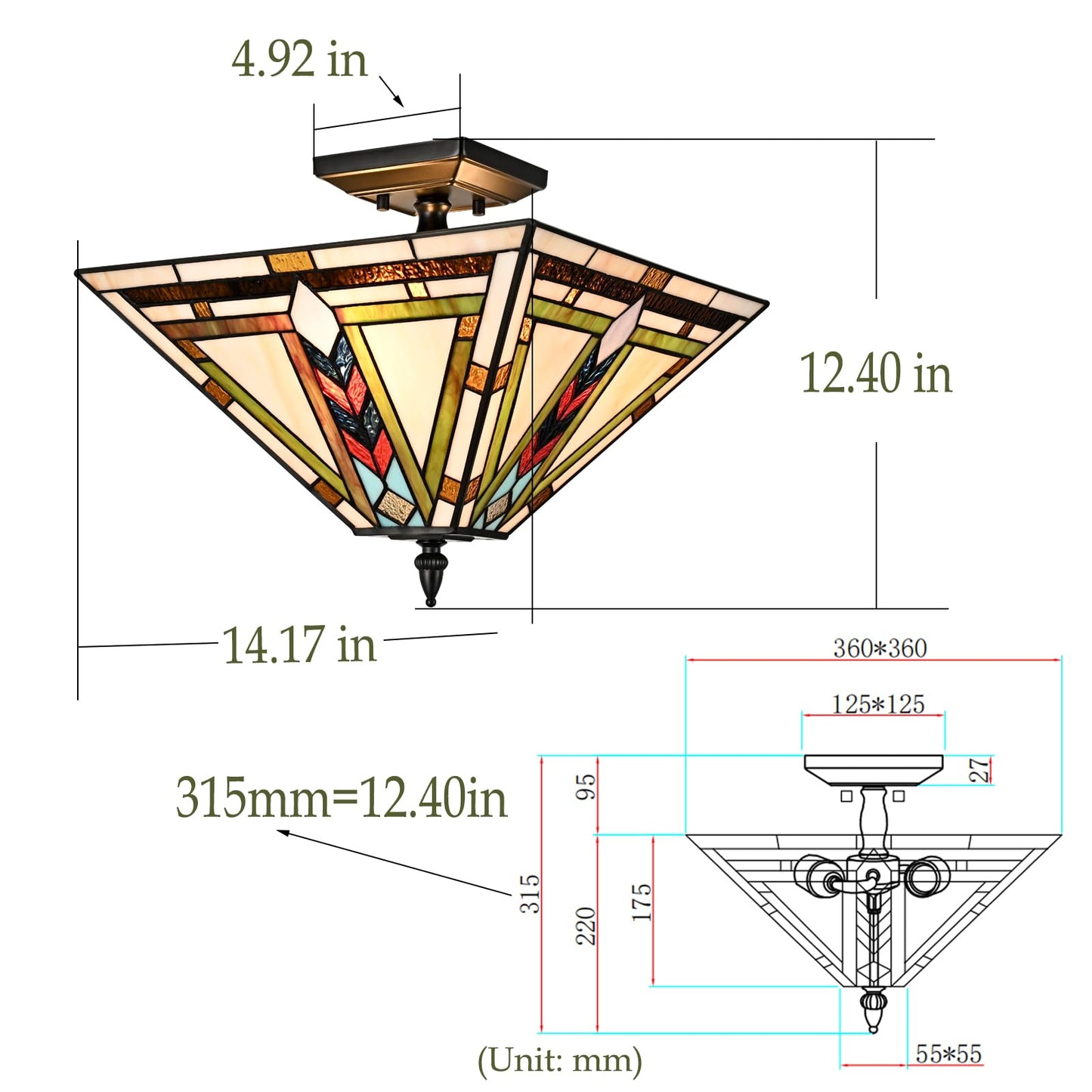 DANSEER Stained Glass Ceiling Light 3-Light Tiffany Style Semi Flush Mount Light Vintage Ceiling Light Fixture with Glass Copper Shade for Hallway Bedroom Living Room Entryway