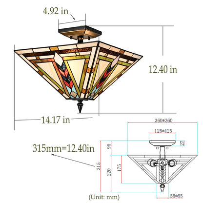DANSEER Stained Glass Ceiling Light 3-Light Tiffany Style Semi Flush Mount Light Vintage Ceiling Light Fixture with Glass Copper Shade for Hallway Bedroom Living Room Entryway