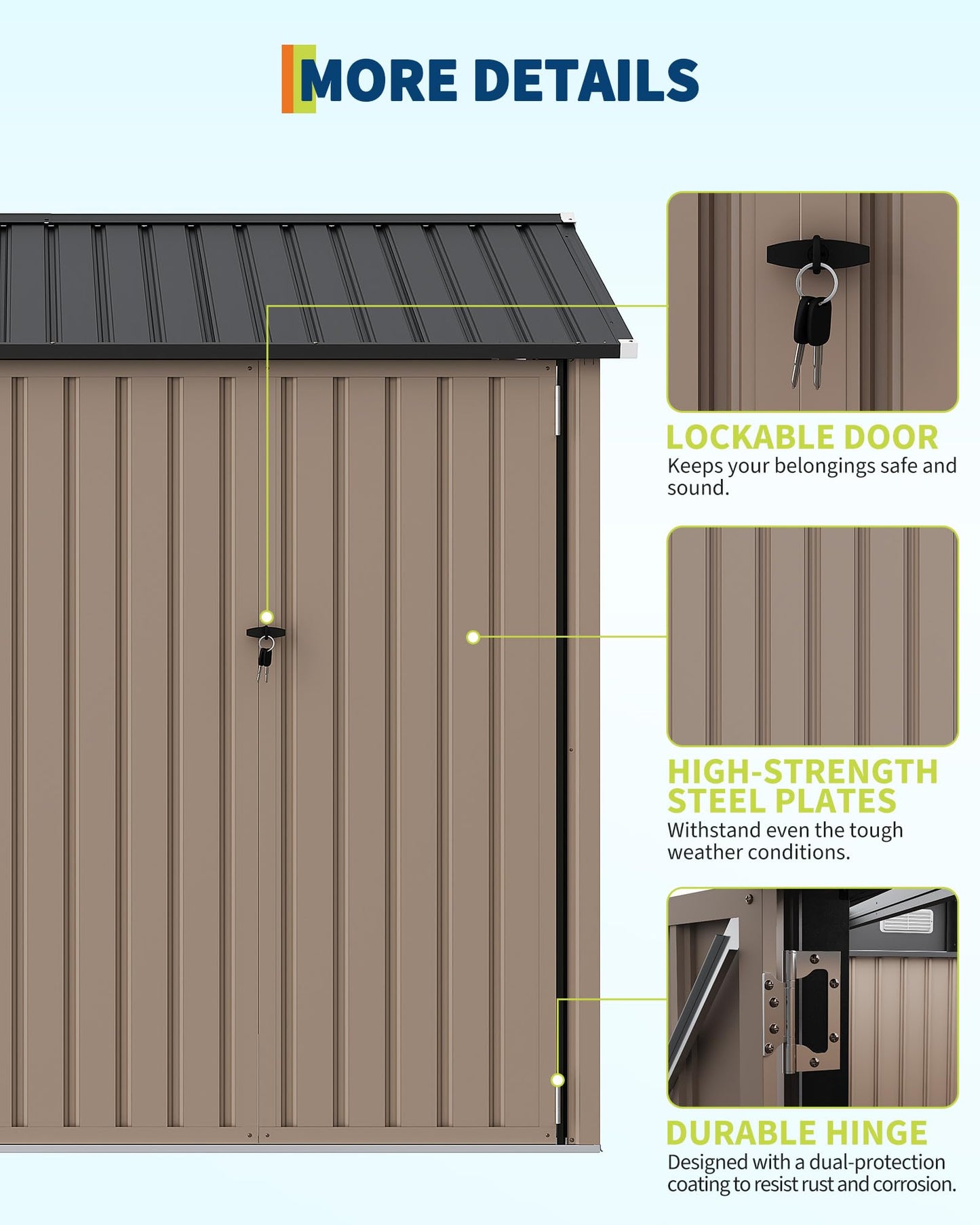 8x6 FT Outdoor Storage Shed with Window and Solar LED Light, Waterproof Metal Garden Tool Shed with Lockable Door, Vented Sloped Roof for Backyard Patio Lawn, Brown