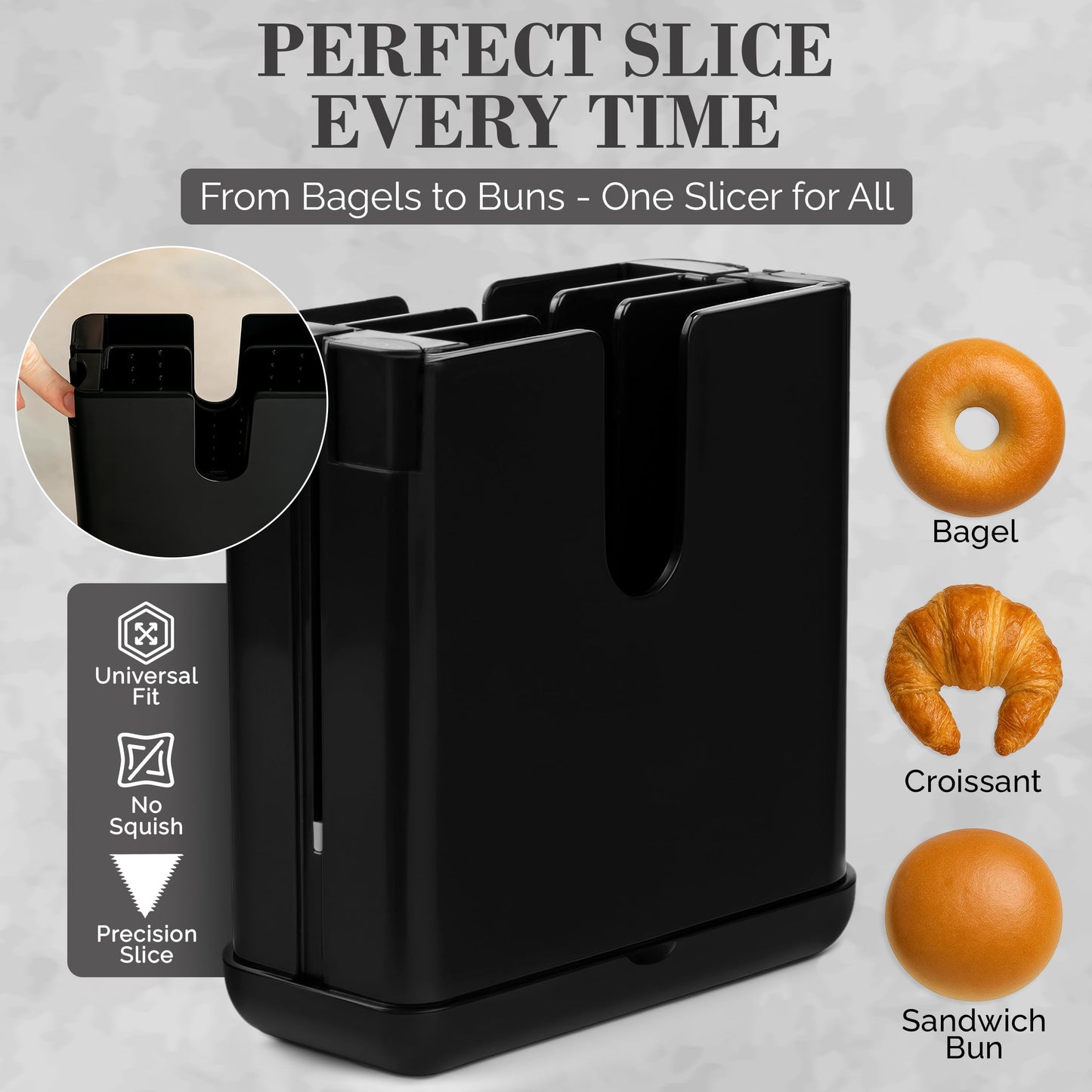 BonBagel Bagel Cutter Slicer – Precision Bagel Slicer with Auto-Center Holder – Compact 7-Inch Space-Saving Design for Even Cutting Large and Small Bread at Home or Café Kitchen - Black