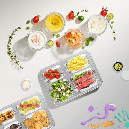 Bakpoco Stainless Steel Divided Plate for Kids Toddler, Non Toxic Portion Control Plate Dinner Plate with Lid for Adults Weight Loss, 2 Pack 4 Sections Rectangular Snack Plate Tray