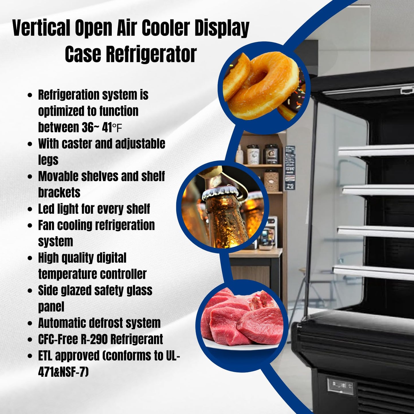 FRICOOL Food Refrigerated Display Case for Commercial Bakery Pastry Front Open Air Refrigerated Display Cooler Case, Movable Shelves and Adjustable Legs, 36~41℉ (61.4 Inches, Black)