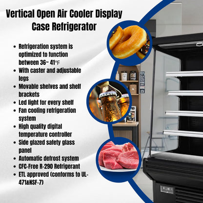 FRICOOL 52" Display Refrigerators Open Air Food Refrigerated Display Case for Commercial Bakery Pastry Refrigerated Upright Display Cooler Case for Stores, Supermarkets, Bar, Shops, 36~41℉, Black