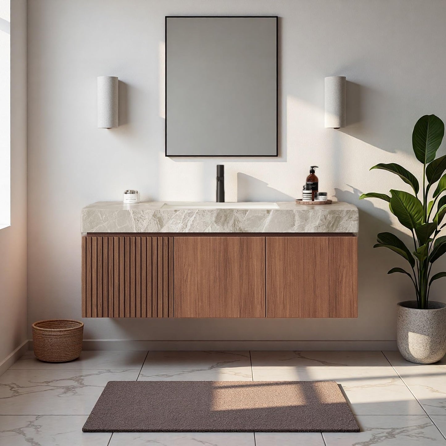 Trygoal 48" Bathroom Vanity with Sink, Wall-Mounted Plywood Bathroom Storage Cabinet with Ceramic Basin & Sintered Stone Countertop, Modern Pre-Assembled Floating Vanity with Drawer & Door, Brown Oak
