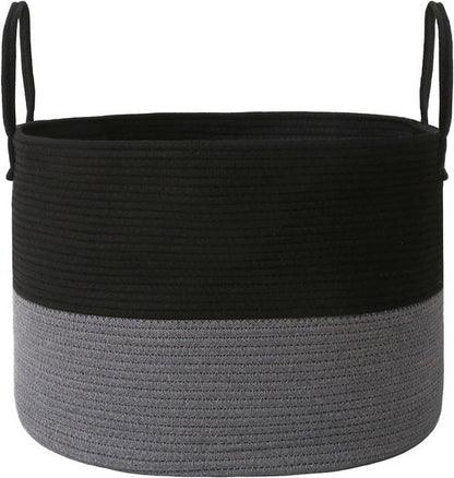 JMvicyroam 65L Extra Large Blanket Basket - Woven Cotton Rope Laundry Hamper with Reinforced Handles | Black & Grey