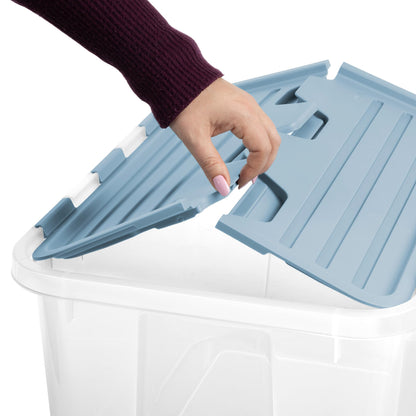 Sterilite 24 Pack Hinged Lid Storage Box, 60 Qt Plastic Container, Washed Blue - Home Organizer Tote for Storing Shoes, Crafts, Clothing, or Decor