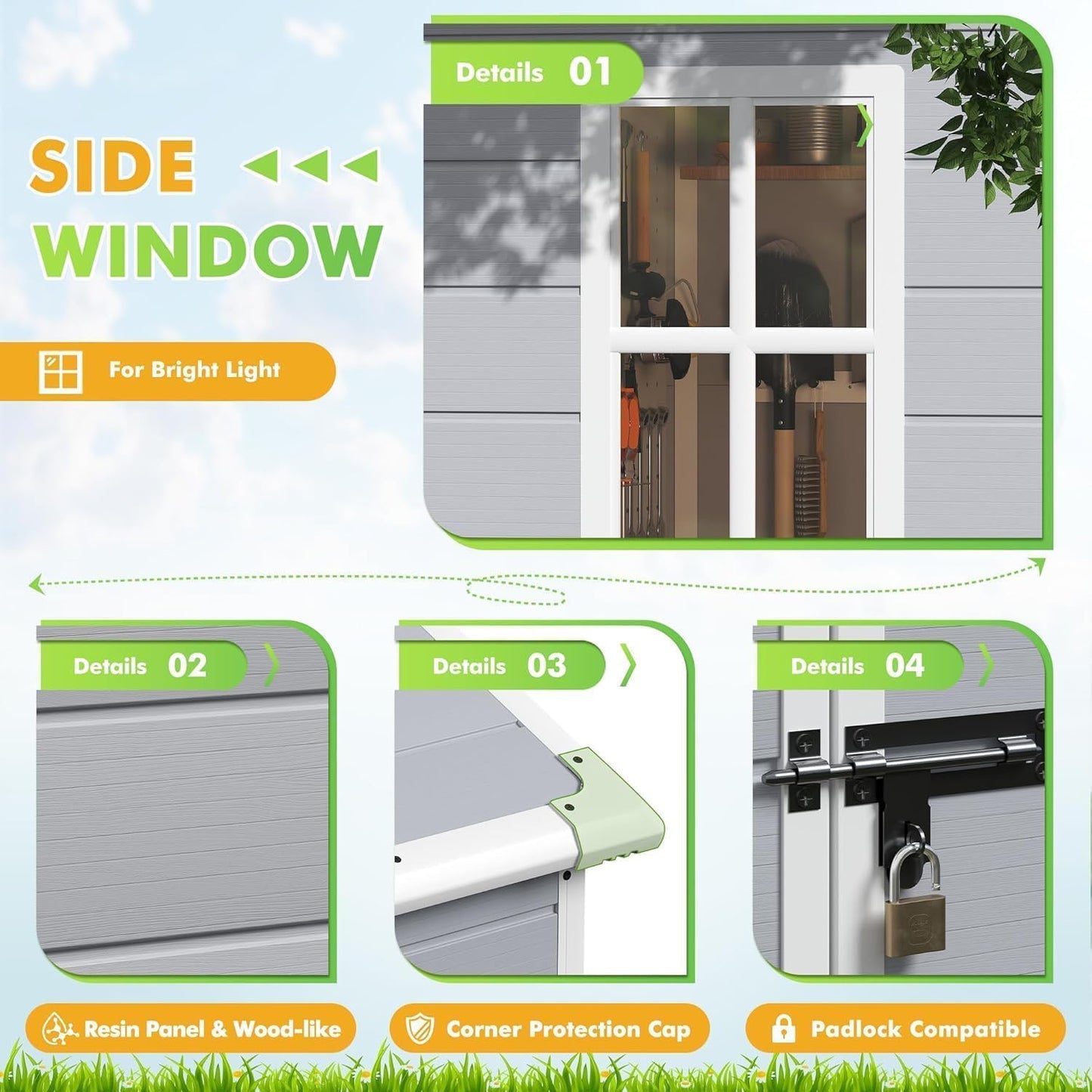 Devoko 6 x 4 FT Plastic Outdoor Storage Shed with Floor, Resin Tool Shed with Window, Outside Waterproof Garden Shed with Lockable Door for Patio, Backyard, Poolside, Light Grey