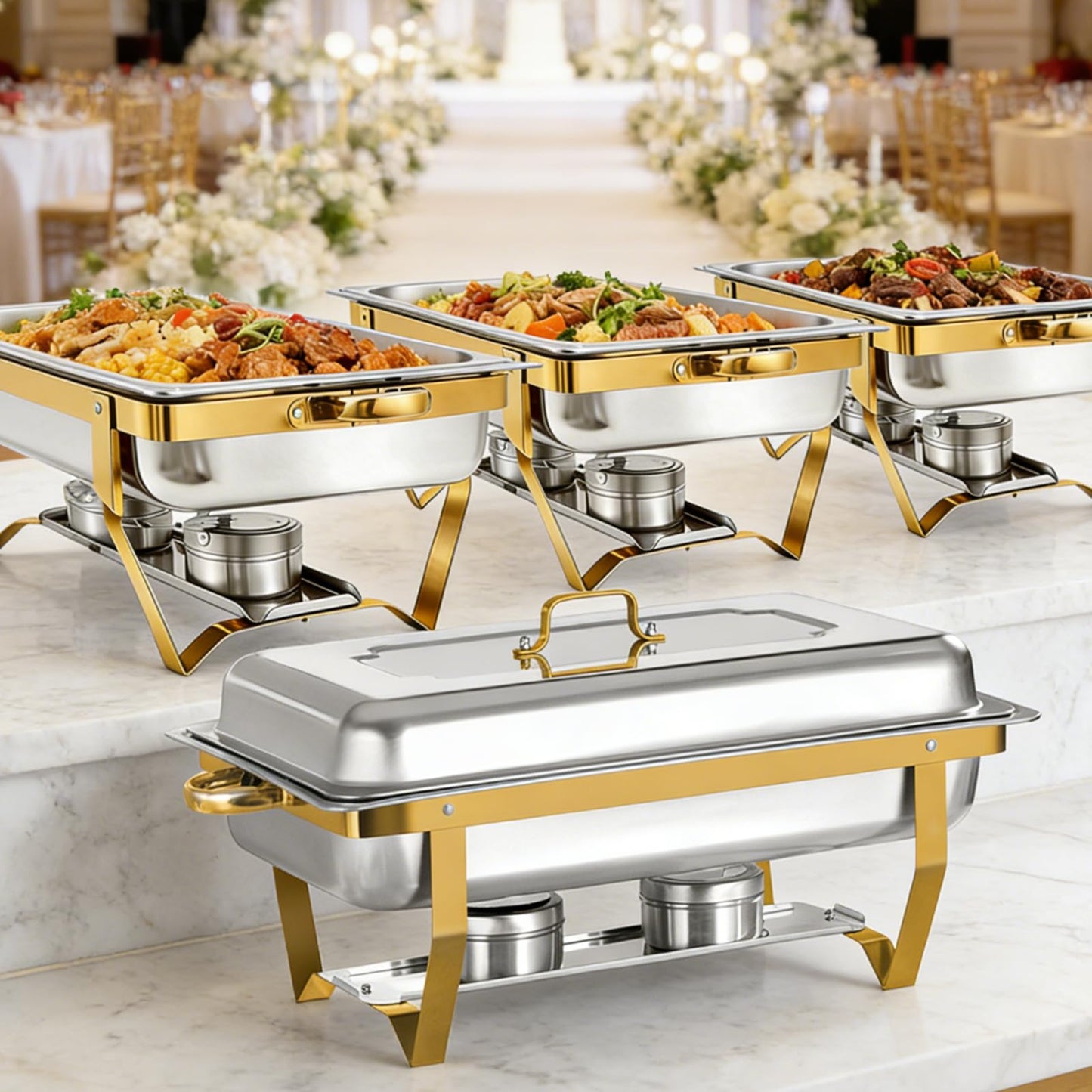 Jacgood Chafing Dishes for Buffet, 4 Pack 8QT Chafers and Buffet Warmers Sets for Parties, Catering, Weddings, Christmas, Events Serving, Gold