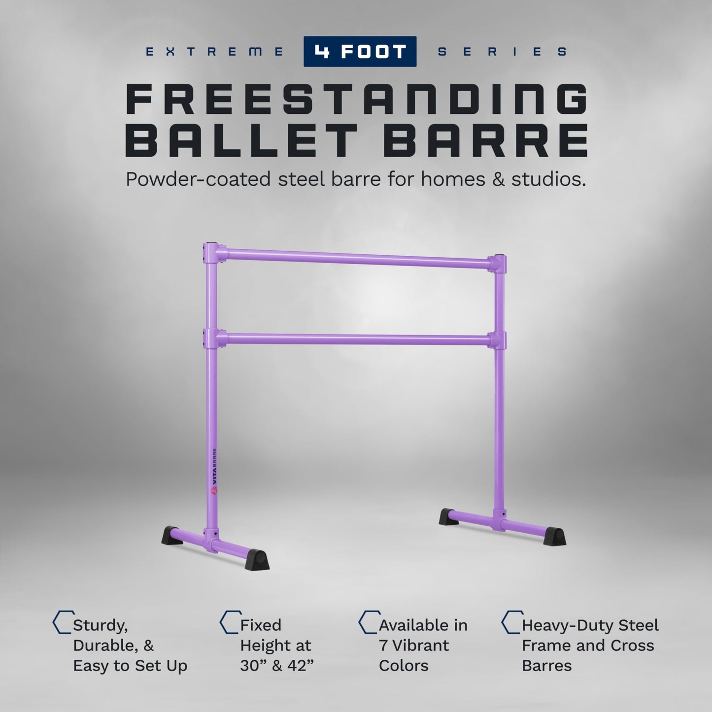 VITA Barre Portable Freestanding Double Ballet Barre, Extreme, 4 Ft Bars, Purple, Steel | Fixed Height, Made in USA, Home or Gym Exercise Equipment for Kids & Adults | Dance, Fitness, Pilates