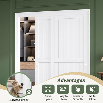 FREDBECK Sliding Closet Doors 64x80(Double 33inch),Bypass Barn Door with Hardware,for Bedroom,White,H Frame,Assemble Required